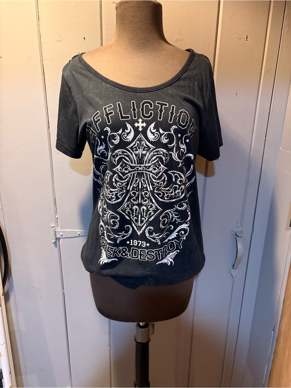 Affliction Black Short-Sleeve Graphic Tee with White Cross Print